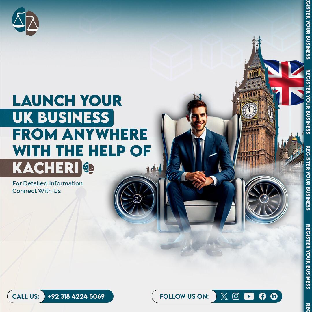 Kacheri UK business registration ad with businessman, Big Ben and UK flag